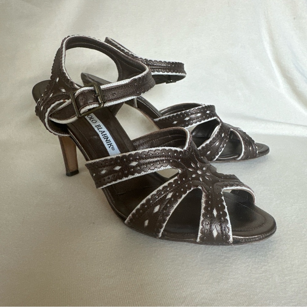 Manolo Blahnik laser cut Metallic Brown bronze Strappy Heels retro style 7 7.5